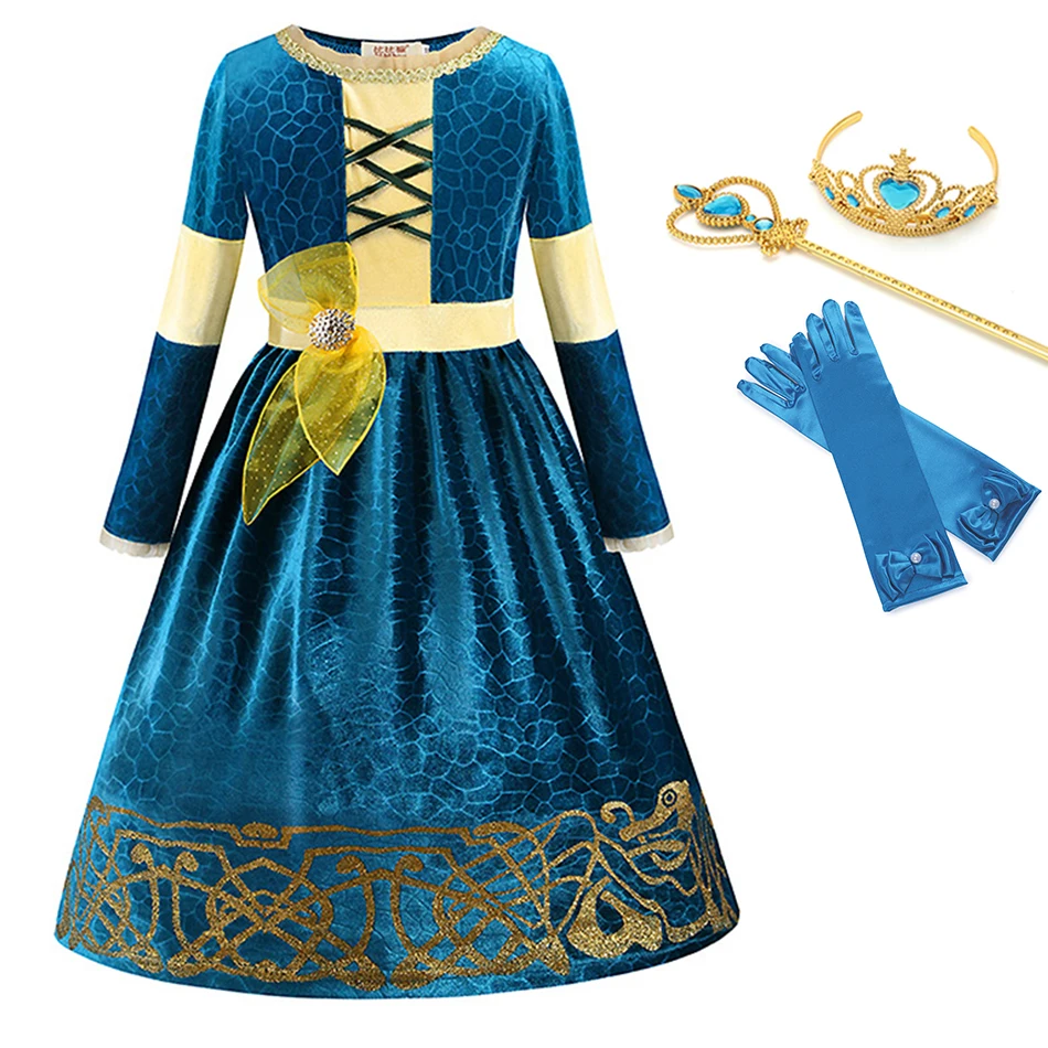 Dress Set 01 Для девочек, смелая Принцесса Мерида, платье, костюмы, дети, длинный рукав, зима, косплей, праздничная одежда, костюм Мериды, парик, нарядное платье - Цвет: Dress Set 01