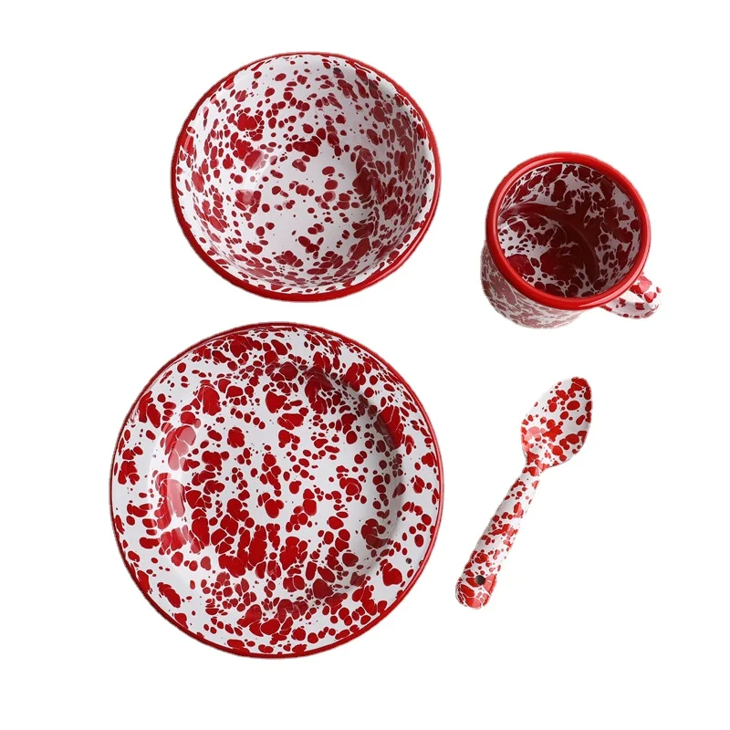 Exported to America Art Enamel Red Splash Ink Grain Salad Yogurt Noodle Bowl Cup Dinner Plate | Дом и сад