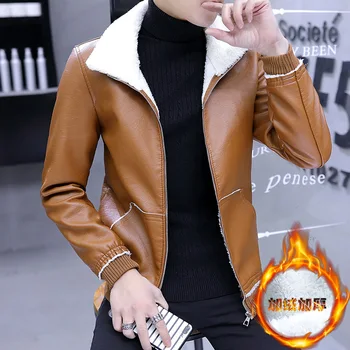

2020 Men Berber Fleece Slim Fit Fold-down Collar Leather Coat Youth Fashion PU Leather plus Velvet Handsome Leather Jacket