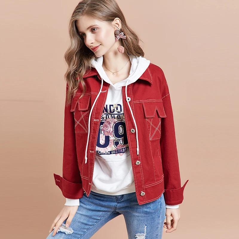 Single Breasted Red Denim Jacket - Artka Official