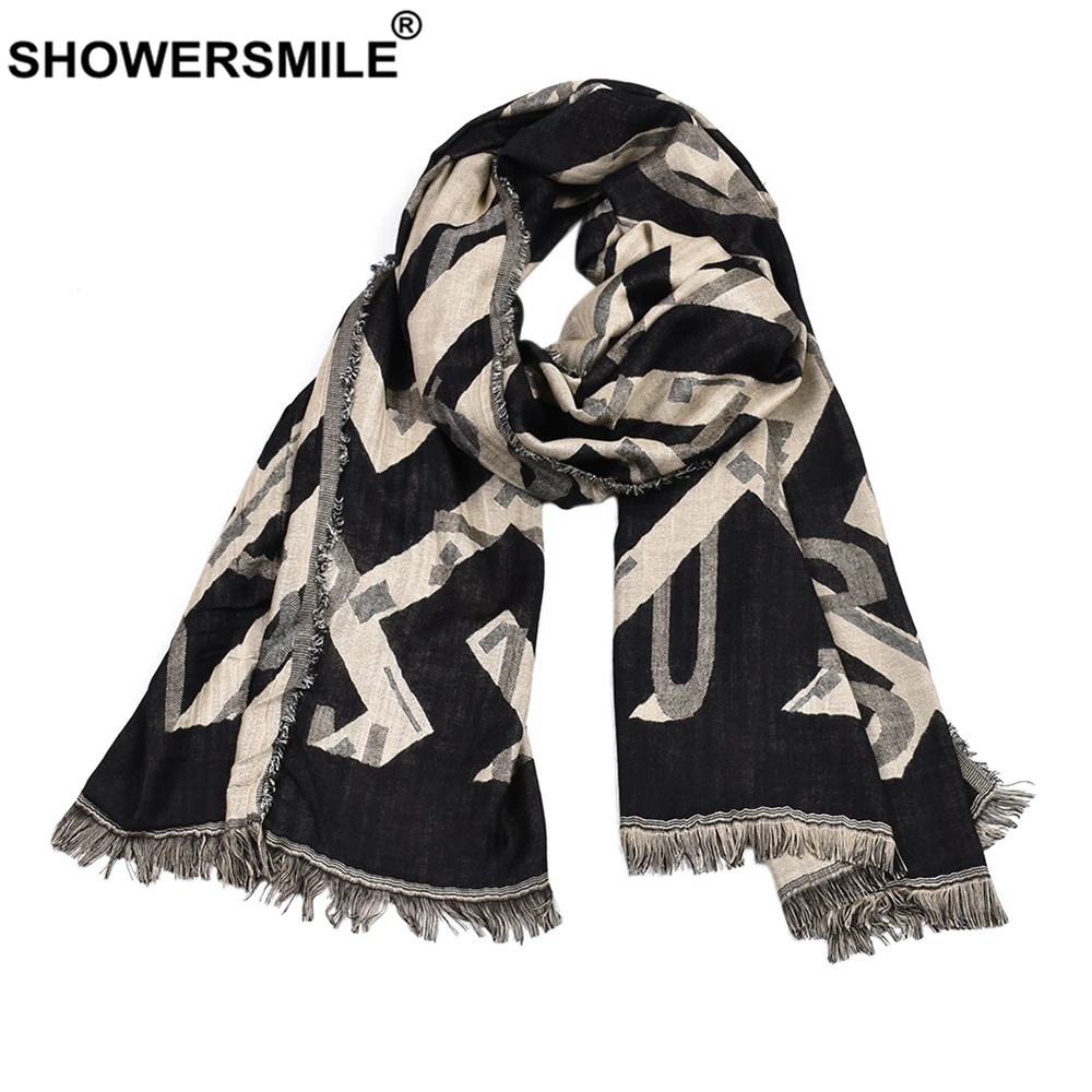 SHOWERSMILE Men Scarf Letter Print Winter Scarf Male Tassel Pashmina Black Navy Red Fashion Men's Designer Brand Scarves mens knit scarf