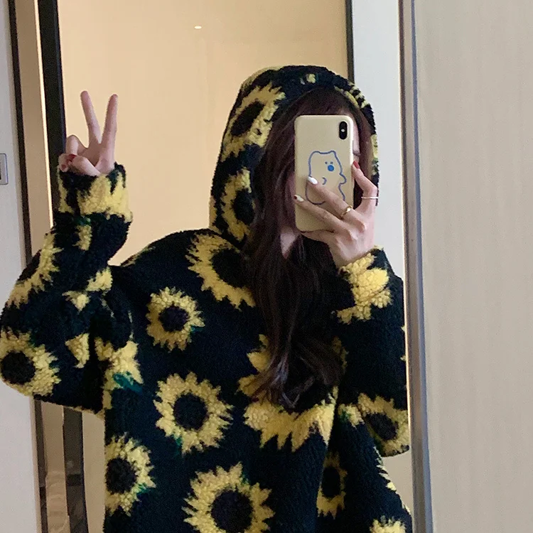 hooded Neploe Новое поступление осенние толстовки модные цветочные Флисовые Толстовки на молнии с капюшоном Harajuku Kawaii Подсолнух женские толстовки 80341 - Цвет: hooded