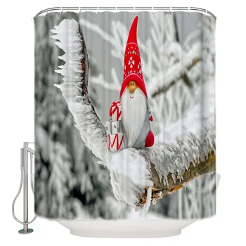 

Santa Doll Snowy Branch Shower Curtain Waterproof Polyester With 12 Hooks