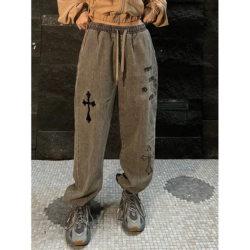 

Vibe style high street tooling jeans women's new fried street embroidery high waist waistband straight loose wide leg pants