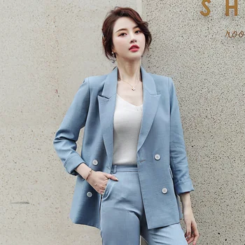 

Women's suit 2019 autumn new casual fashion temperament elegant solid color double-breasted small suit trousers two-piece