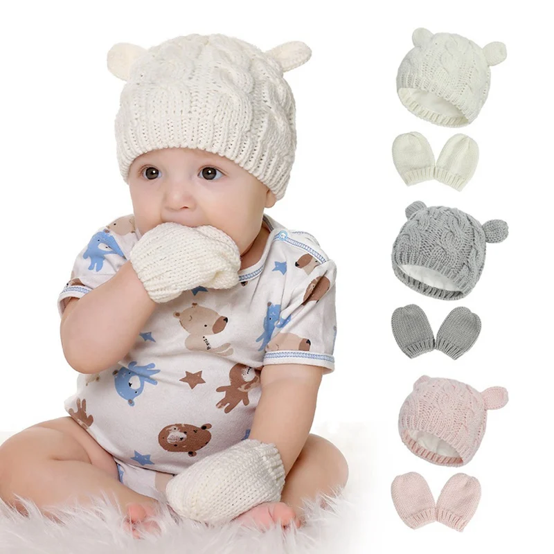 

2 Pieces Set Stylish Baby Hat and Mittens Set Kids Knitted Beanie Cap 2020 New Winter Warm Pompom Hats Gloves