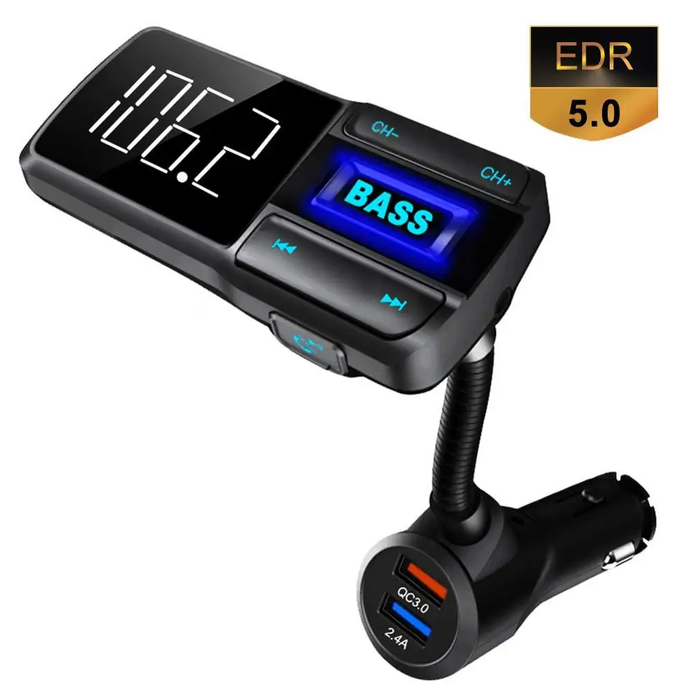 

FM Transmitter HandsFree Car Wireless Bluetooth 5.0 Transmitter with Quick Charge 3.0 Bass Effect Large Screen Display