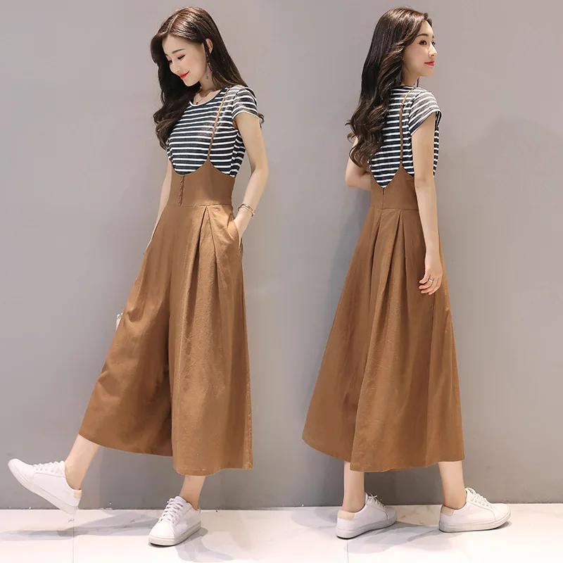 

Two-Piece Set Stripes Elegant Trend Suspenders Loose Pants Solid Color Elegant Casual Fashion 2018 Summer WOMEN'S Suit