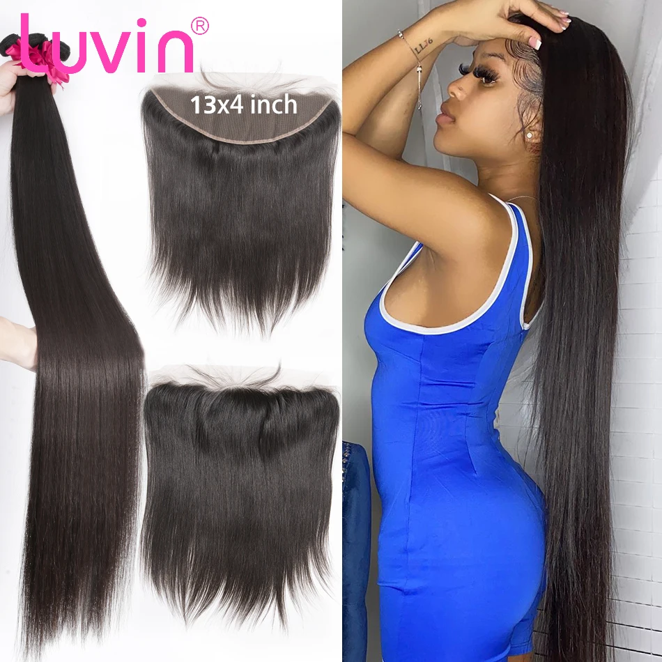 Luvin 28 30 32 34 40 pulgadas hueso recto brasileño de la armadura del pelo 3 4 mechones con 13x4 Frontal de encaje humano Remy Natural