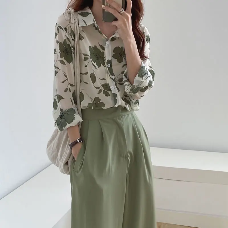HziriP Streetwear Green Leaves Chiffon New Girls All Match OL Gentle 2021 Hot Sale Korean Chic Stylish Women Office Lady Shirts | Женская