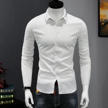 Качественные рубашки на пуговицах, Мужская модная деловая рубашка в полоску с длинным рукавом и вышивкой, мужская повседневная приталенная рубашка