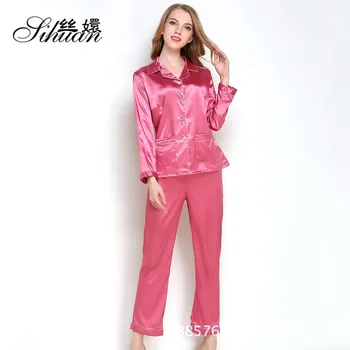 

Pajamas Spring And Autumn Women Set Fold- down Collar Polyester Thin Full Is Solid