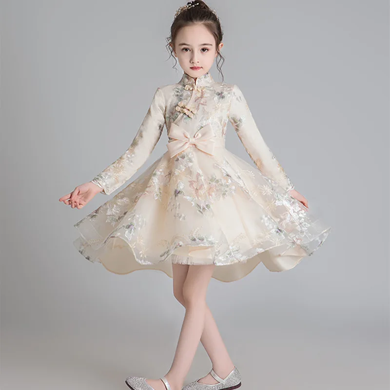 Flower Embroidered Long Sleeve Autumn Winter Bow Lace Tutu Girl Princess Dress Costumes Clothes Show Evening Party Dress WG-1210