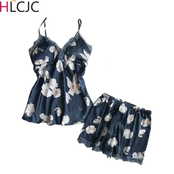 

2020 Summer Women Pajamas Sets Girls Shorts Satin Sleepwear Flower Print Pyjama Silk Sleeveless Nightwear With Chest Pads Pijama