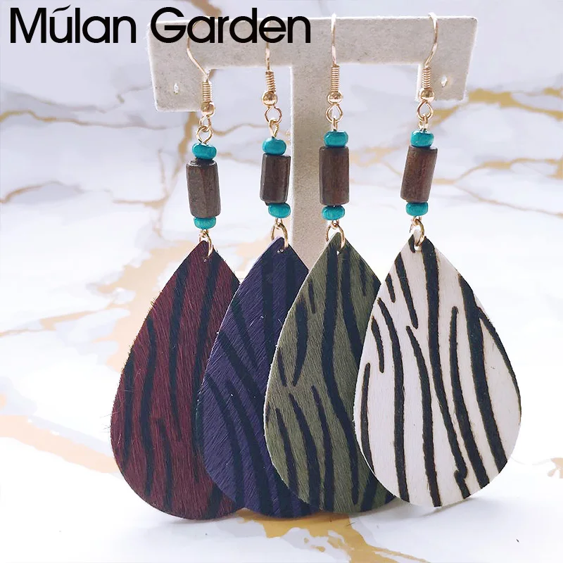 

M&G Zebra Cowhide Leather Feather Earrings for Women Wood Gemstone Beads Pendant Water Drop Earrings Jewelry Accessories Gift