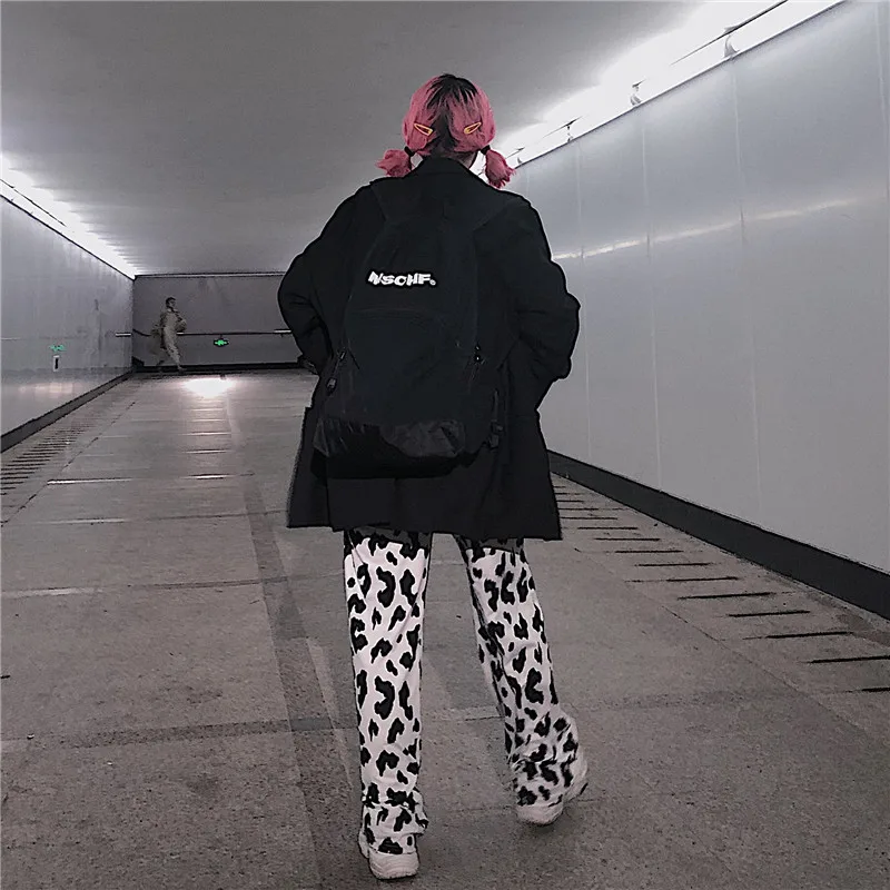Deeptown Cow Print Wide Leg Pants for Women Korean Style Oversized Women Fashion Pants Harajuku Autumn 2020 Plus Size Trousers