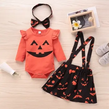 

Baby Girls Halloween Outfit Sets Long Sleeves Cartoon Pumpkin Pattern Printed Romper with Headband Suspender Skirt Set