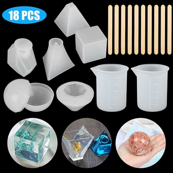 

18Pcs Resin Casting Molds Tool Kit Measurement Cups Silicone Various Shapes Wood Sticks Jewelry Making DIY Pendant Mould
