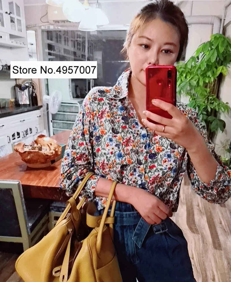 

Elfbop Cotton Women Floral Printing Long Sleeve Lapel Blouse Shirt Top