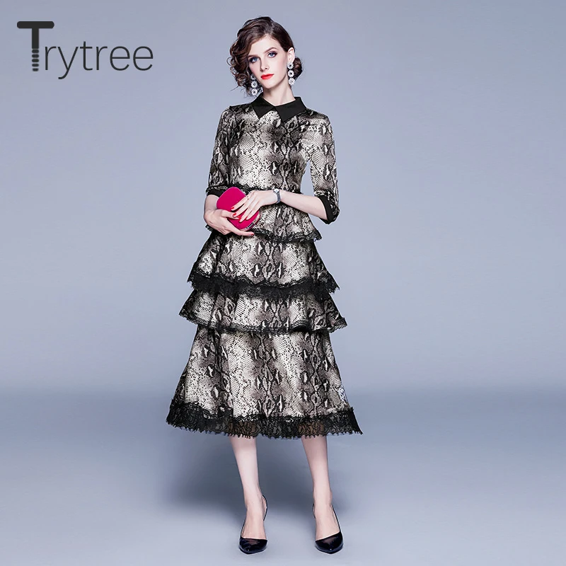 Trytree/осеннее женское Повседневное платье с отложным воротником, лоскутные оборки, модное элегантное платье до середины икры, а-силуэт, офисное женское черное платье