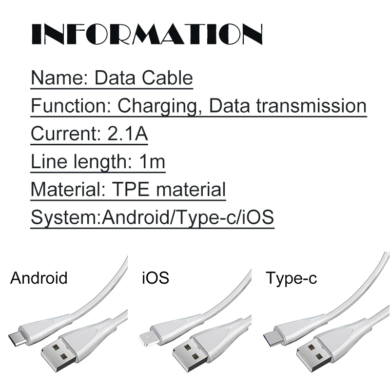 2.1A USB кабель для передачи данных 1 м Android iOS type-c Белый цвет Быстрая зарядка линии передачи данных зарядный кабель для мобильного телефона