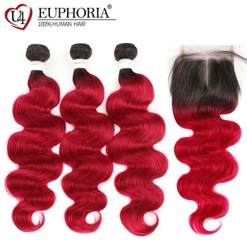 

1B 99J Burgundy Hair Bundles With Closure Euphoria Brazilian Dark Roots Red Color Remy Human Bundle Hair With Body Wave Closures