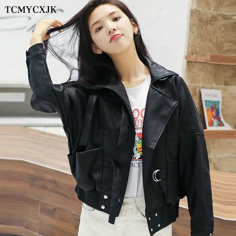 

2020 New Autumn Women Faux Leather Jacket Vintage Boyfriend Style Coat Batwing Sleeve Short Motor PU Jackets Biker Outwear