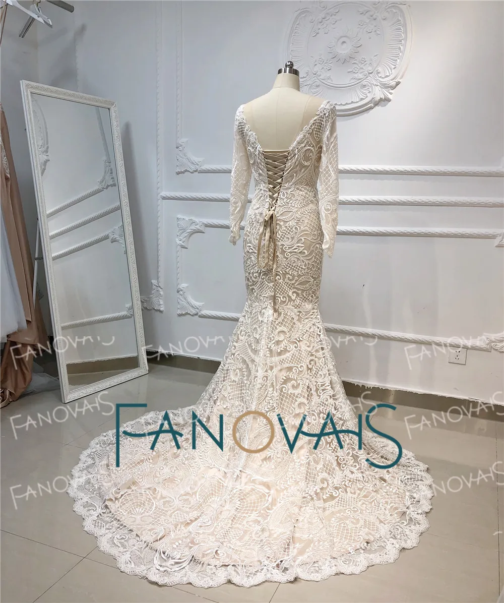 Шампанское Русалка Свадебные платья эластичный длинный рукав свадебное платье аппликация из бисера Свадебное платье Robe de Mariee Vestidos