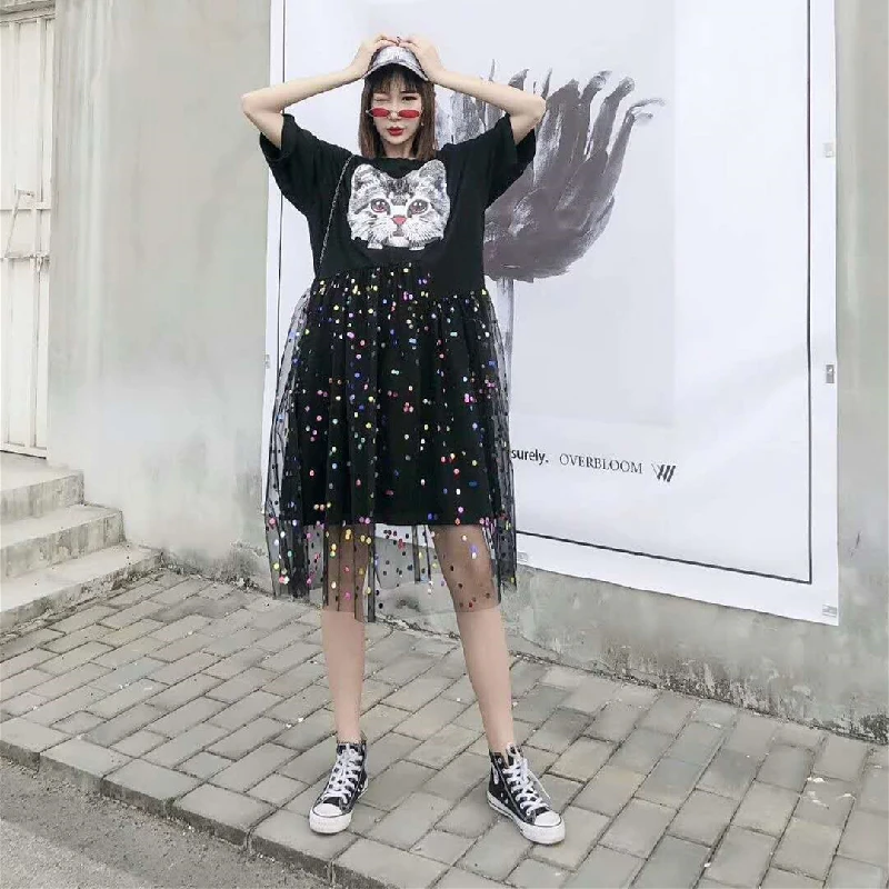 

2020 New Summer Women Cotton O-Neck Short Sleeve Loose Mesh Dresses Female Fashion Casual High Quality Printing Stitching Dress