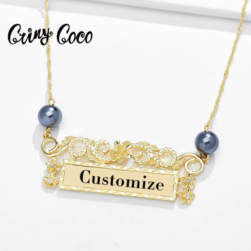 

Cring Coco Personalized Name Pendans Necklaces Fashion Hawaiian Crystal Pearl Flower Chains Necklace for Women Wedding Gift 2020