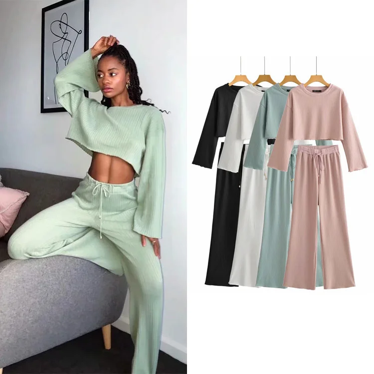 Women Girl Two Piece Set Short Crop Pants Leisure Knitting Solid Long Sleeve Top High Waist Slim Elastic Trouser Suit 2021 New