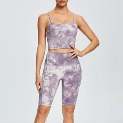 Seamless Tie Dye Gym Suit  Women 2PCS Sport Set Crop Top Bra High Waist Shorts Workout Outfit Fitness Wear Yoga Sets Clothes