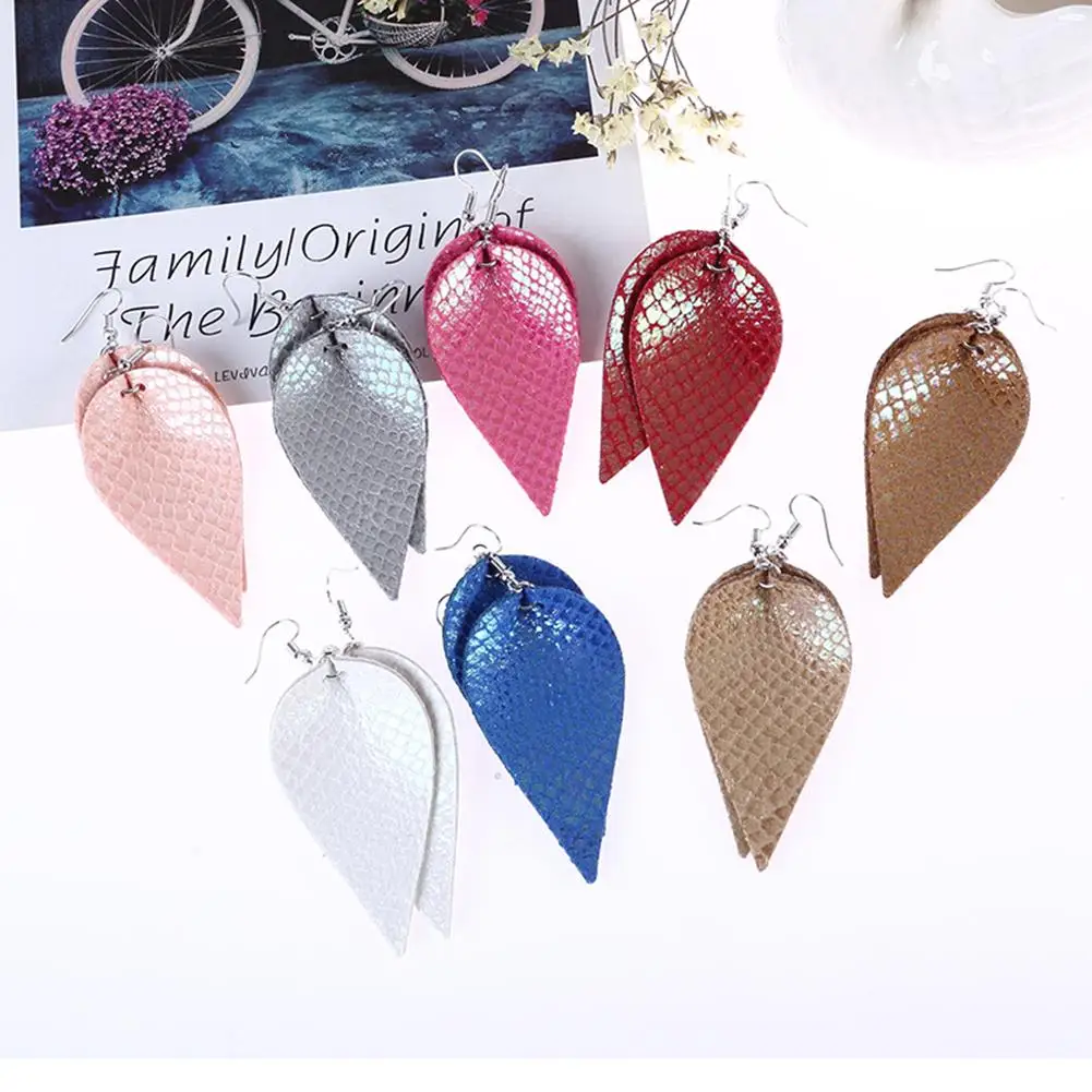 

Women Snakeskin Teardrop Leaf Drop Faux Leather Hook Earrings Piercing Jewelry New Chic