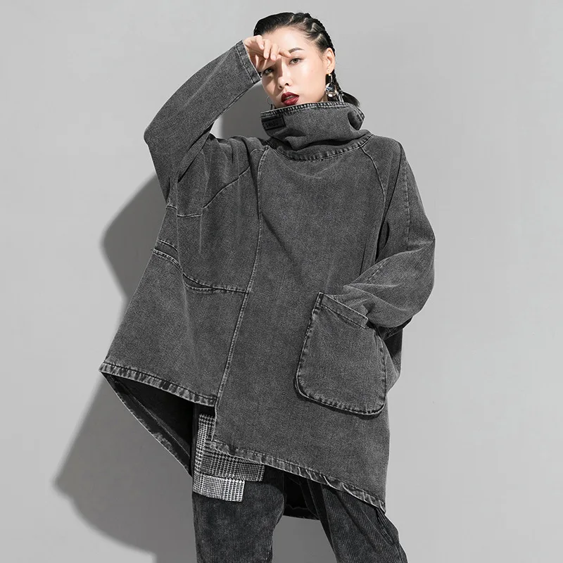  Loose Fit Oversized Hoodies Women Denim Coat Irregular Turtleneck Winter Sweatshirt Long Sleeve Pat