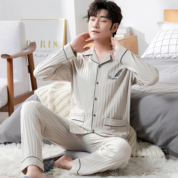 mens sleepwear set Men Sleepwear oversized 5X Pajamas for Male Home Clothes 100% Cotton Aldult Pijama Cardigan Casual Striped Nightwear 110kg wear cotton pjs Pajama Sets