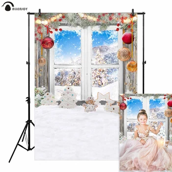 

Allenjoy photography backdrops snowman decoration window winter forest Christmas landscape balls photo studio background camera