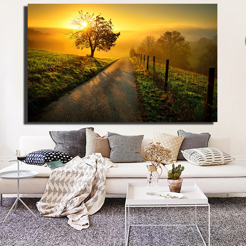 Beautiful Sunset Scenery Painting Print On Waterproof Canvas Large Size Wall Art Pictures For Living Room