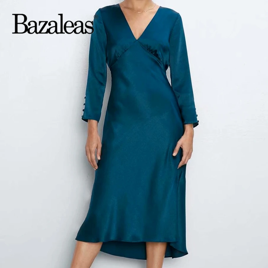 

Dropshipping France Like silk Blue women dresses Retro Deep V Neck Long Sleeve women dress Vintage Satin vestido