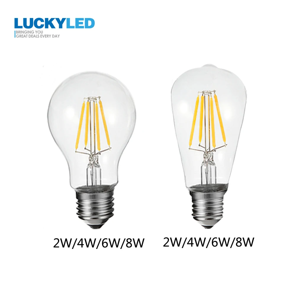 

LUCKYLED Brand led bulb E27 2W 4W 6W 8W Vintage Edison lamp G45 A60 ST64 AC85-265V transparent Glass Filament light Retro lamps