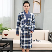 Plus Size XL- 4XL Pajamas Mens Cotton Knited Robes Sexy V-neck Bathrobe Male Plaid Pattern Nightgown Loungewear