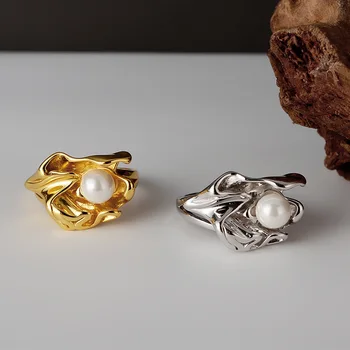 

925 Sterling Silver Pearl Irregular Opening Rings for Women Lady Vintage Minimalist Chunky Exquisite Knuckle Ring Fine Jewelry