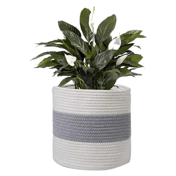

Cotton Blend Rope Foldable Woven Plant Basket Round Laundry Bin Flower Pot Cover Modern Home Decor Indoor Planter Floor Storage