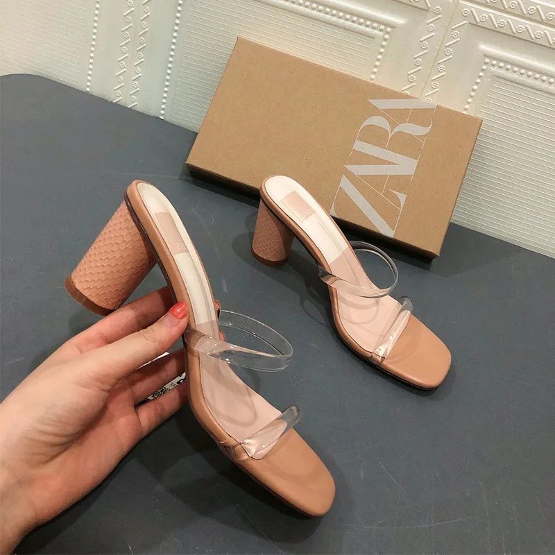 ZAR Women's Shoes 2020 New Thick Heel Sandals Open Toe With Transparent Square Toe Mid-High Heel Sandals And Slippers Plus Size