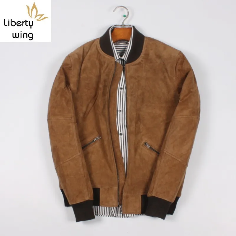

Baseball Slim Classic Pigskin Genuine Men Stand Collar Brown Male Real Leather Jacket Zipper Fashion Korean coat
