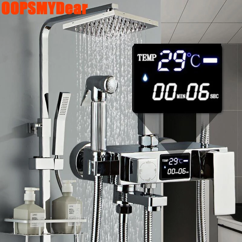 LED Digital Shower Set Chrome Bathroom Faucets Thermostatic Shower Mixer System SPA Rainfall Hot Cold Bath Tap Wall Mount Grifos