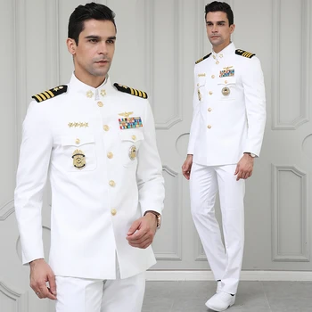 

Men's White Navy Suit Uniform Sets Slim Fit Dress Wedding Uniform Male Meeting Evening Performance Costume Homme Jackets