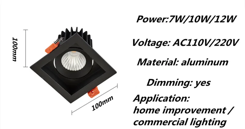 Квадратный Диммируемый светодиодный светильник cob Потолочный светильник 7 Вт/10 Вт/12 Вт AC110V/220 В потолочный встраиваемый светильник s Внутреннее освещение