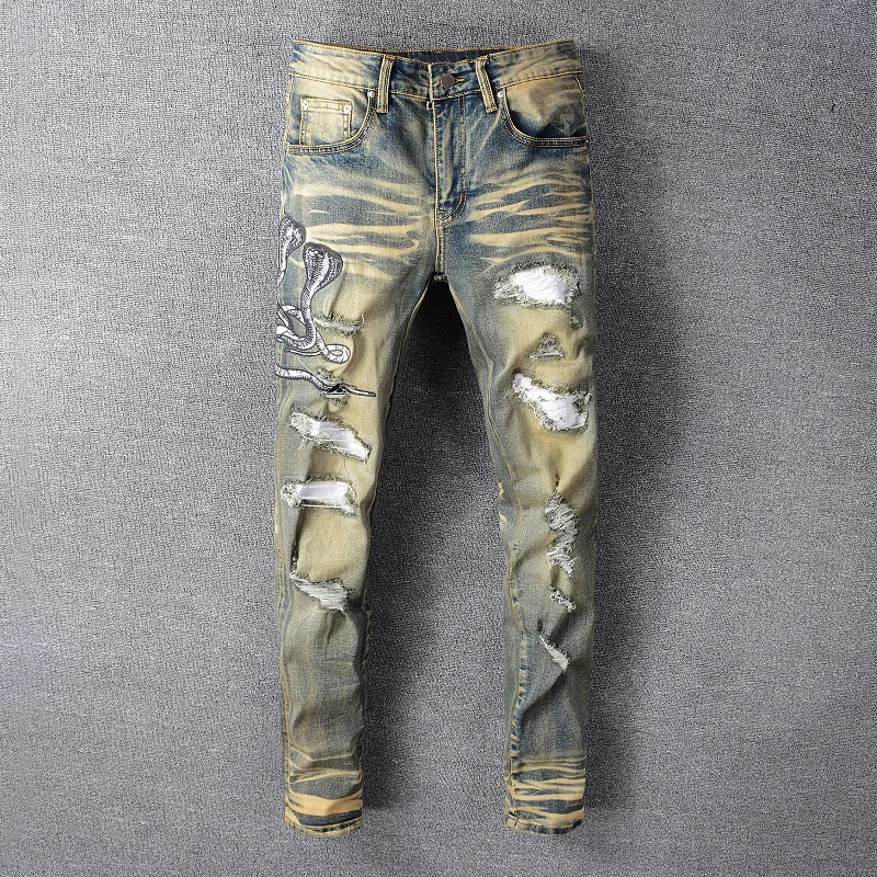 Fashion Streetwear Men Jeans High Quality Elastic Ripped Jeans Men Stretch Punk Pants Cobra Patches Designer Hip Hop Jeans Homme - Цвет: Retro Color