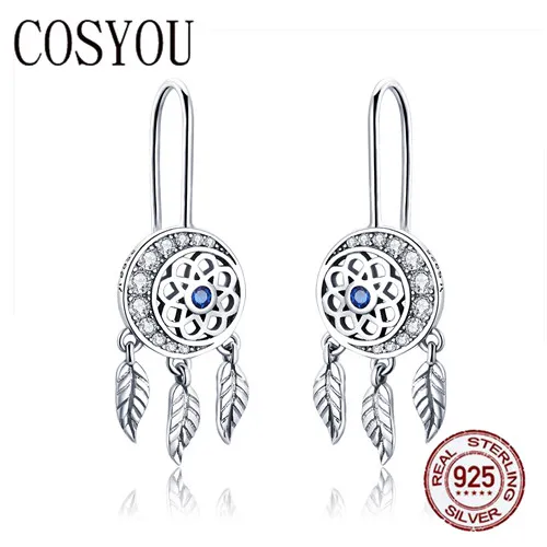 

COSYOU Hot Sale 100% 925 Sterling Silver Dream Catcher Drop Earrings for Women Dazzling CZ Vintage Silver Jewelry Gift SCE497
