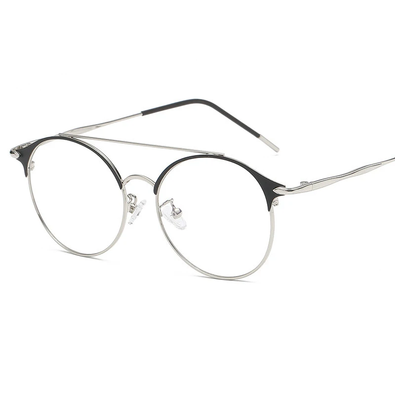 New Blue Glasses Europe and the United States Trend Round Flat Mirror Retro Frame Metal Double Beam Anti-blue Glasses